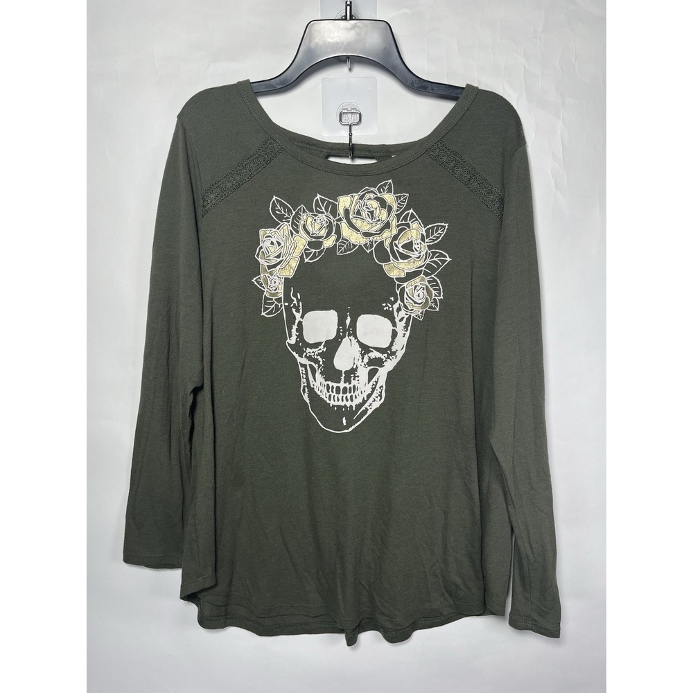 Jerry Leigh Shirt Juniors XL‎ Long Sleeve Skull Rose Crown Pullover Green Goth